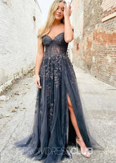 Eartha |Long Navy Blue Prom Dress Lace Tulle With A Line Sweetheart 3D Flower Slit - Navy Blue - US0 - PromDressClub